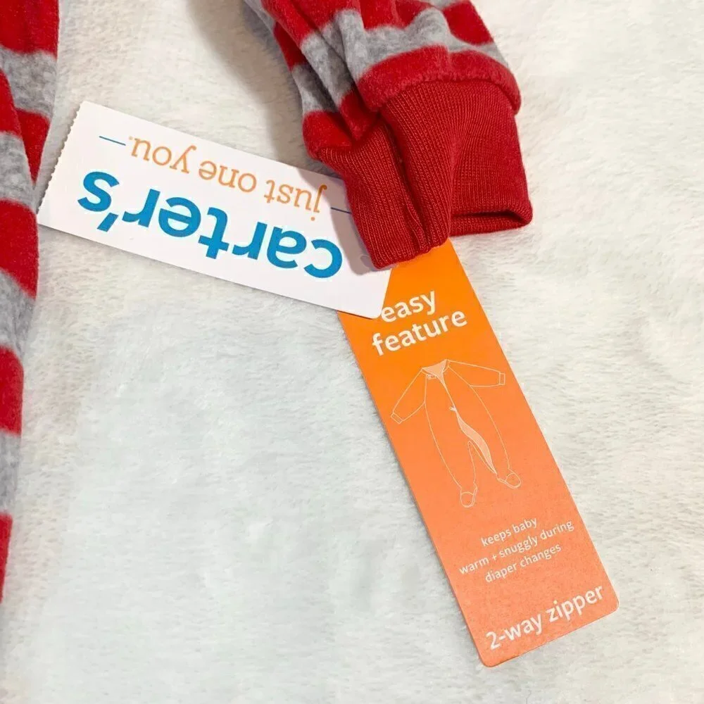 5/$25 NEW Carter's 6m Red Grey‎ Stripe Reindeer Fleece Footed Pajamas Sleeper